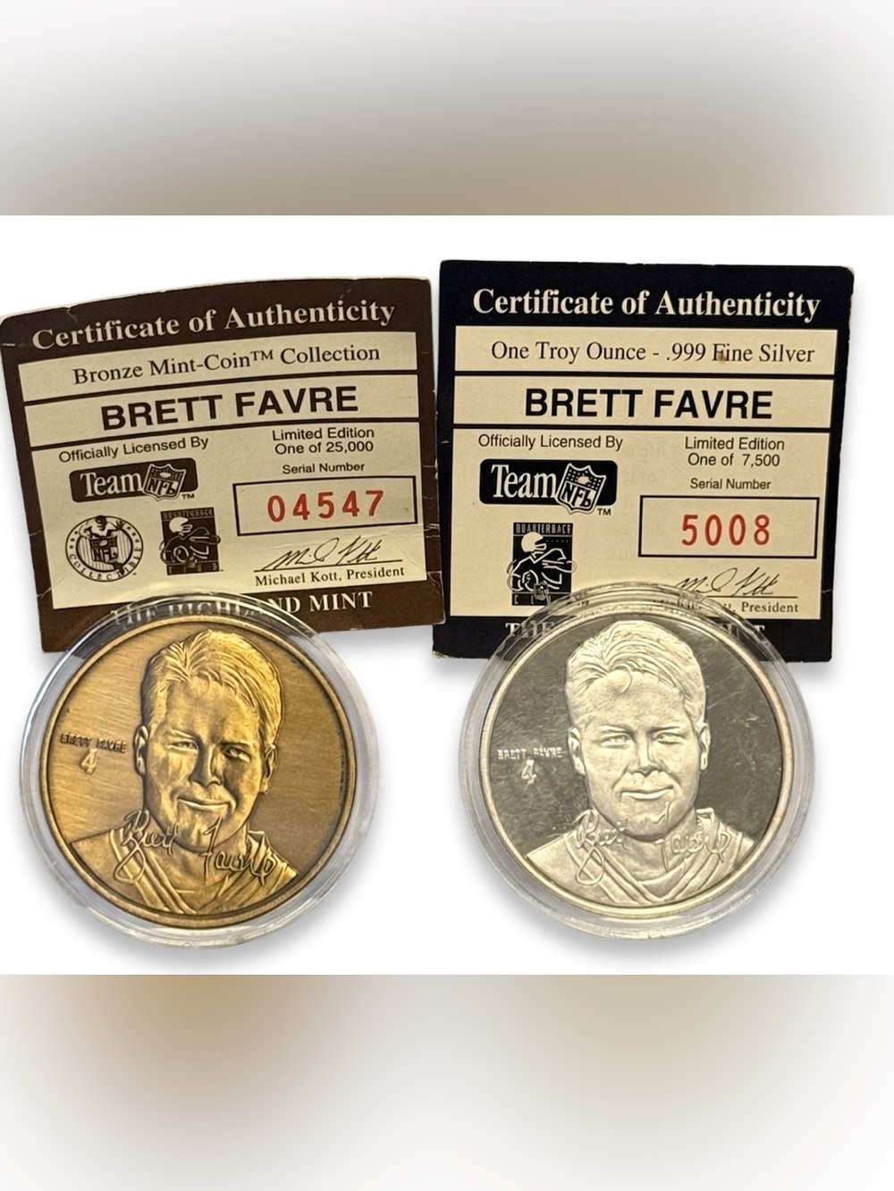 Highland Mint Brett Favre Commemorative 1 oz Fine Silver & 1 oz Bronze Medals